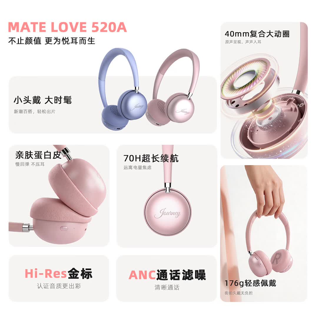 JSOUL Mate Love 520A时尚头戴式蓝牙耳机降噪高颜值情侣闺蜜拍照耳机 闺蜜款【360°空间音频+金标认证+ANC降噪+通话降噪】