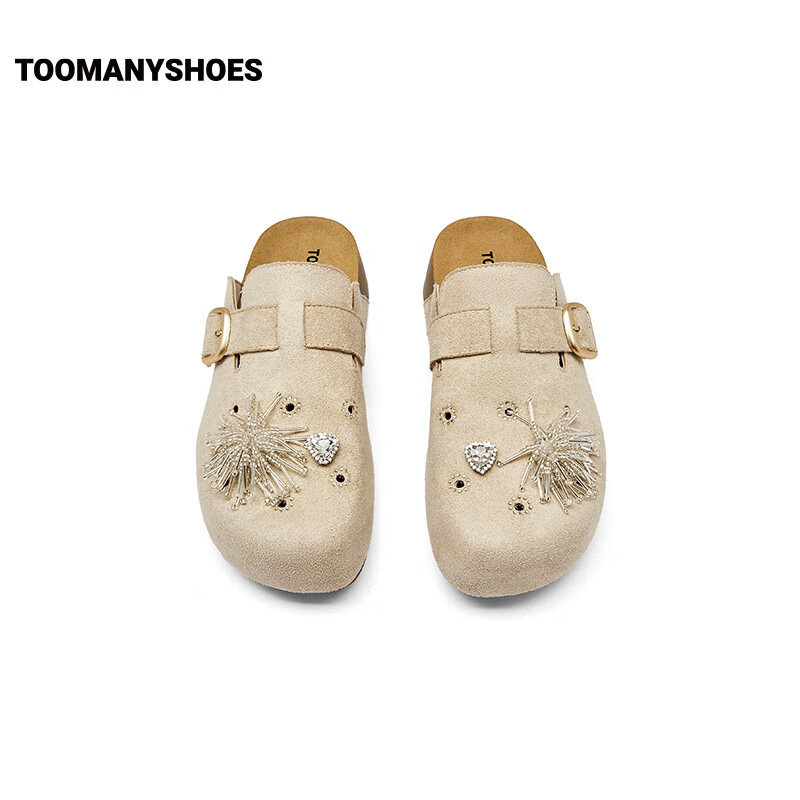 TOOMANYSHOES26秋新款仙女棒经典休闲厚底增高包头柔软勃肯拖鞋 米色 39
