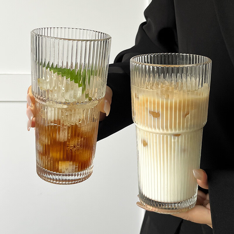 溥畔风大容量带盖带吸管竖条纹玻璃杯高颜值冷饮杯果汁咖啡杯水杯 竖条纹玻璃杯+600ml[两只装]