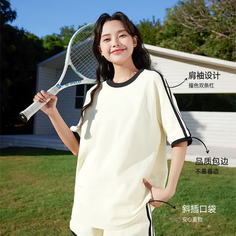 班尼路华夫格撞色宽松短袖T恤三分裤套装女2026夏季女装新款休闲两件套 浅紫#纯色+浅紫#纯色 【华夫格短袖套装】 XL