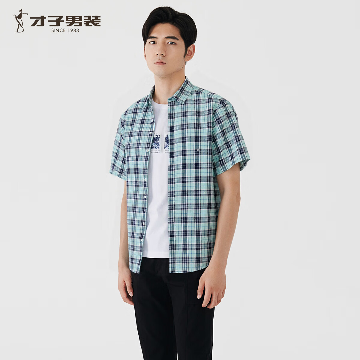 才子（TRIES）男士时尚格纹短袖衬衫夏季亲肤透气不易卷边商务休闲衬衣 绿色 M (165/84A)