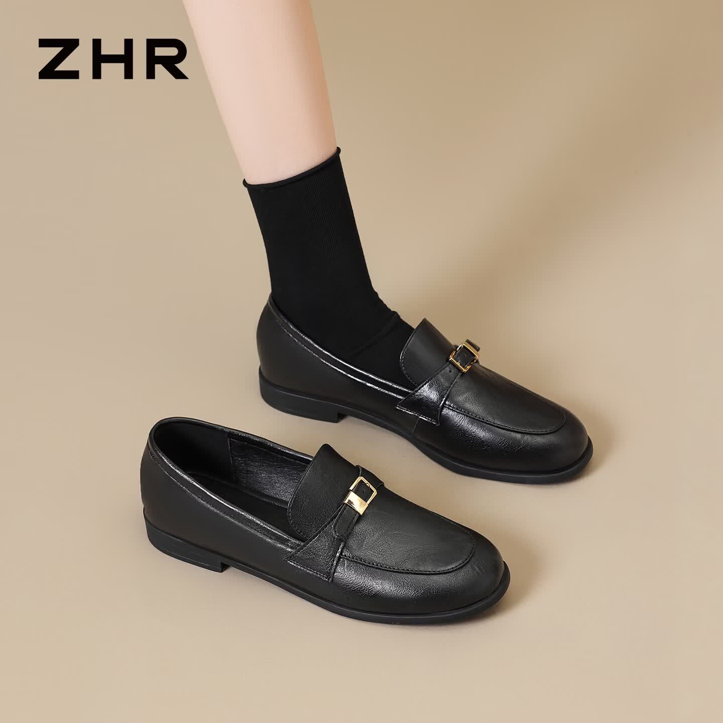 ZHR则则乐福鞋女鞋2026一脚蹬复古老钱风小皮鞋平底浅口单鞋 CQ62黑色37
