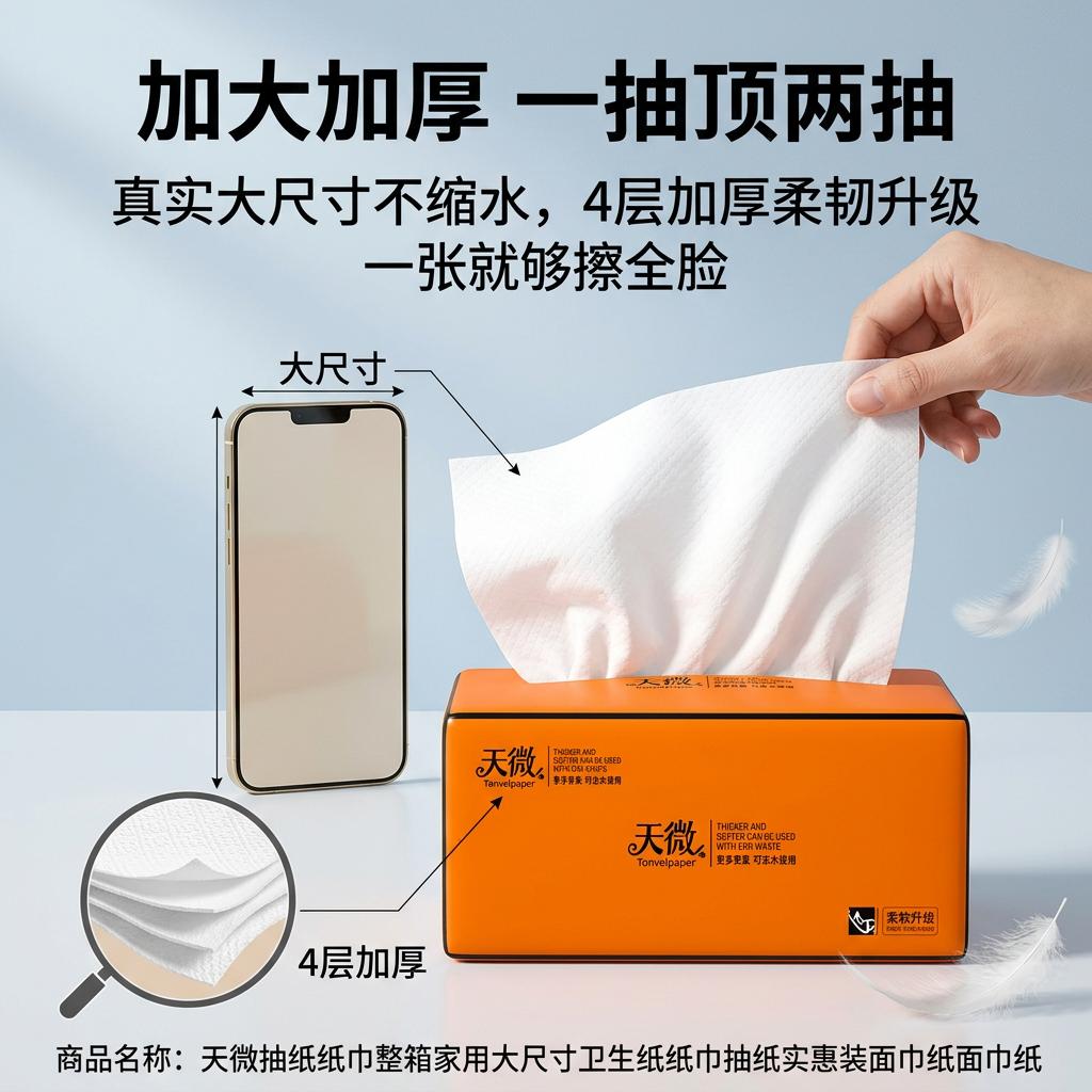 天微抽纸纸巾整箱家用大尺寸卫生纸纸巾抽纸实惠装面巾纸面巾纸 5层 300张*20包