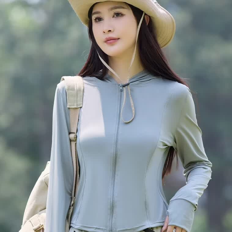 美奈貂冰丝防晒衣女夏季新款修身长袖衫轻薄款百搭防晒服大码连帽外套 粉色 XL (适合120-140斤)