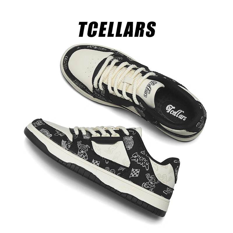 Tcellars男鞋秋冬新款板鞋男涂鸦撞色设计低帮厚底情侣女鞋运动休闲鞋子男 夜空黑 41