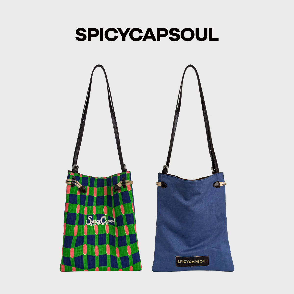 SPICYCAPSOUL【热带雨林】小众复古天丝麻配牛皮定位印花单肩斜挎彩色托特包 【热带雨林/小号】芭乐波点