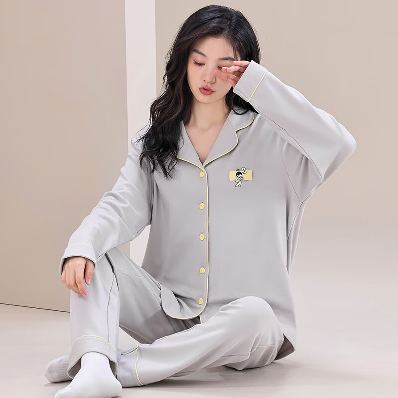 猫人睡衣女春秋 长袖两件套 开衫可外穿立体图案 可外穿家居服 08M6321浅灰色 3XL
