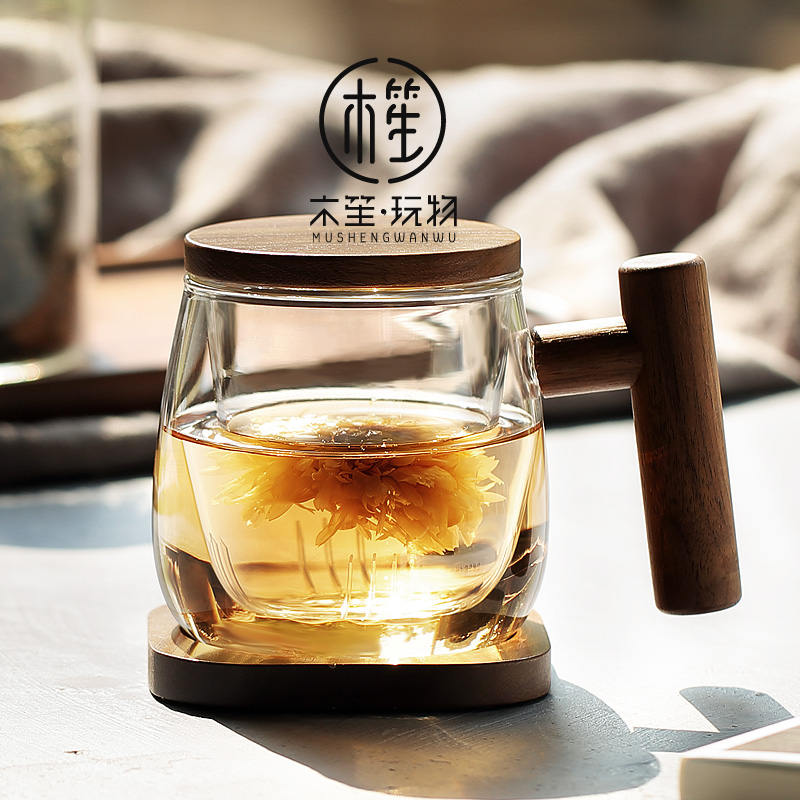 木笙玩物 家用花茶水杯耐热玻璃杯女小清新办公室杯子茶水分离泡茶杯可爱 木笙圆趣杯T型2A