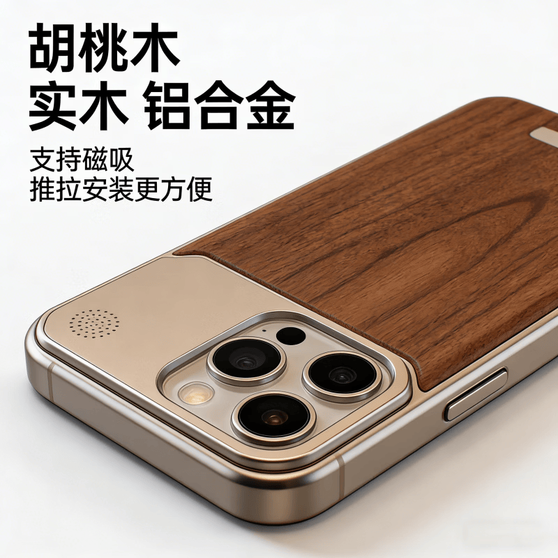 柒阅芒【新品】适用于iphone17pro手机保护壳金属苹果16Promax实木防摔散热17air保护套胡桃木14pro个性 胡桃木:钛银色金属框架+胡桃木后盖 iPhone_17_Pro_Max