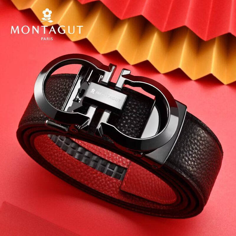 梦特娇(MONTAGUT)皮带男士自动扣真皮马年本命年红色腰带喜庆过节送礼裤带 外黑内红 130cm