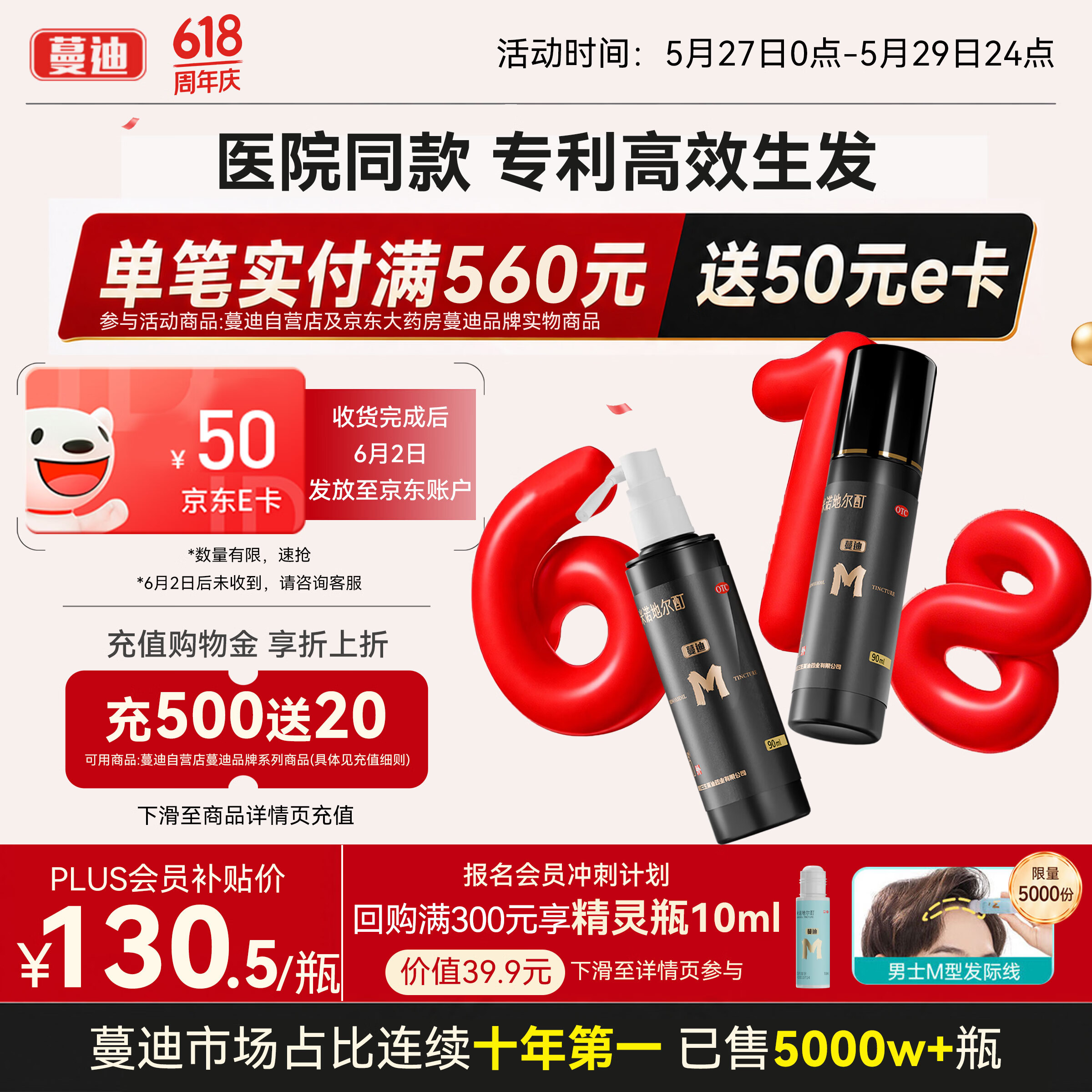 蔓迪生发喷雾5%米诺地尔酊90ml*2瓶男士专用治脱发育发斑秃原液搽剂曼迪京东自营米洛地尔生发剂