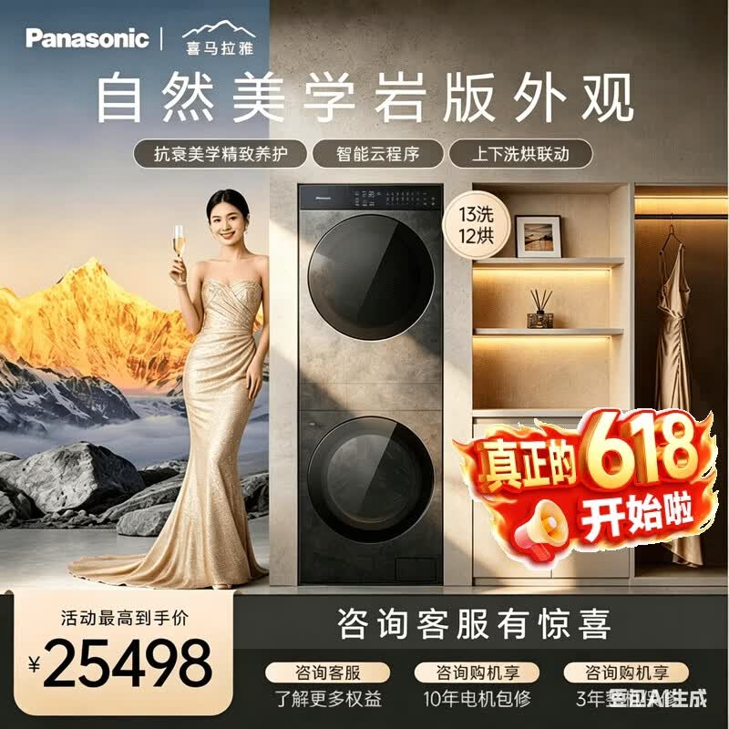 松下（Panasonic）喜马拉雅复式13洗+12烘一体洗烘套装 岩板纯平全嵌 水氧泡沫净光动银除菌三变频 珠穆朗玛岩 13KG洗+12KG烘|洗烘套装