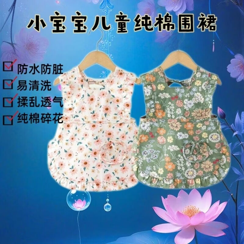 鑫达童薄款儿童围裙夏季中大童棉布罩衣公主裙小朋友吃饭衣可爱时尚饭兜 XD碎花裙【粉色菊花+黄色菊花】 110 码（建议身高95-105）