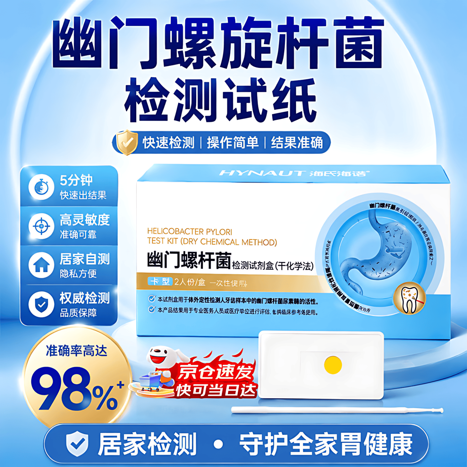 海氏海诺幽门螺旋杆菌检测试纸非c14吹气卡口臭胃病筛查居家自测HP试剂盒 京仓特效发货【升级卡型 医院精准】2人份/盒