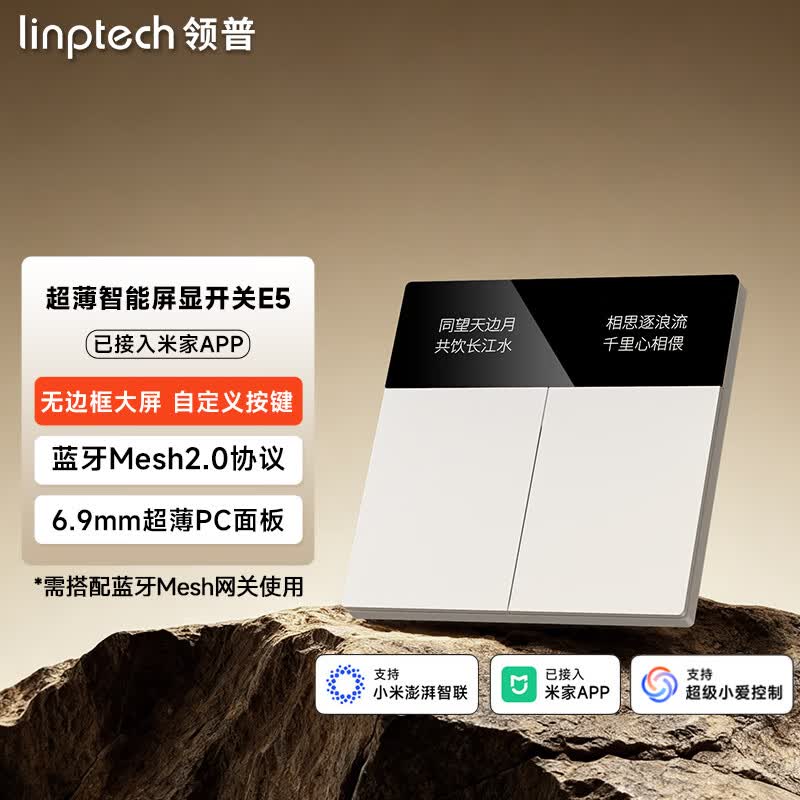 领普超薄智能屏显开关E5自定义名称远程控制家用Mesh2.0已接入米家APP E5智能屏显开关-零火版-白色-二键