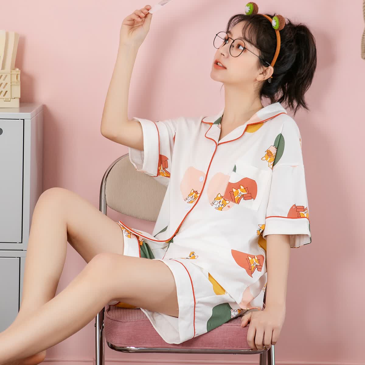 黛梦思纯棉睡衣女夏天薄款短袖居家服甜美可爱可外穿开衫超柔软 白色 XL -女款 （建议120-140斤）