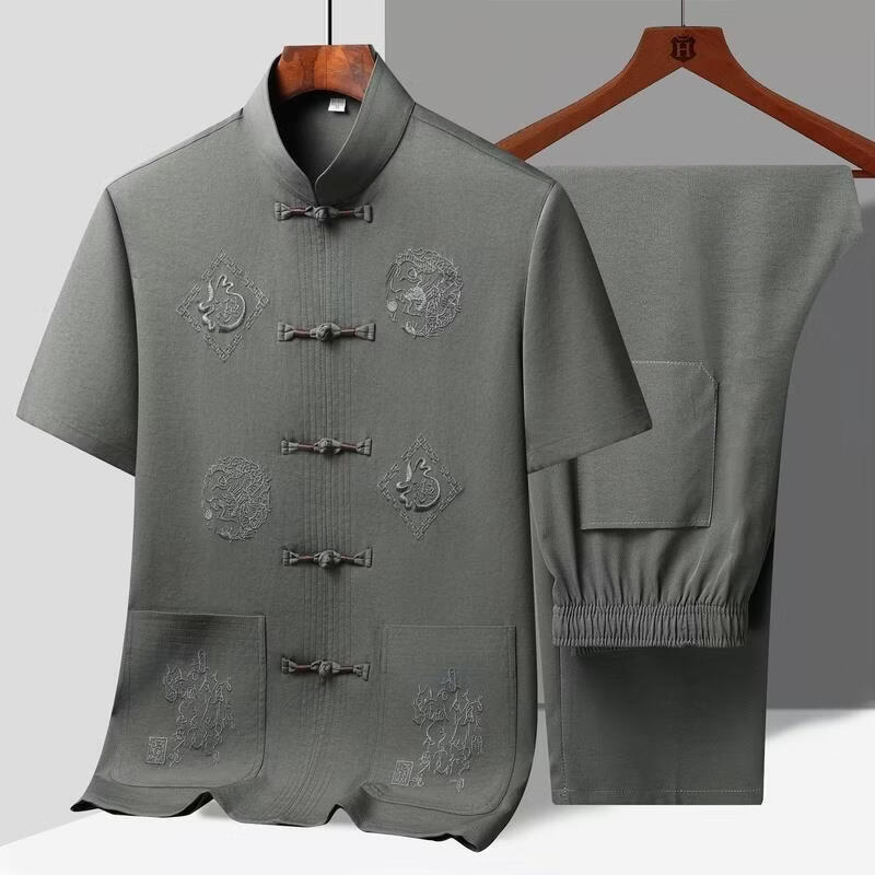唐装男中老年人短袖套装夏季爸爸装中国风男士老年人爷爷装汉服 卡其色 福龙短袖套装 均码 44 建议185-200斤 京东折扣/优惠券