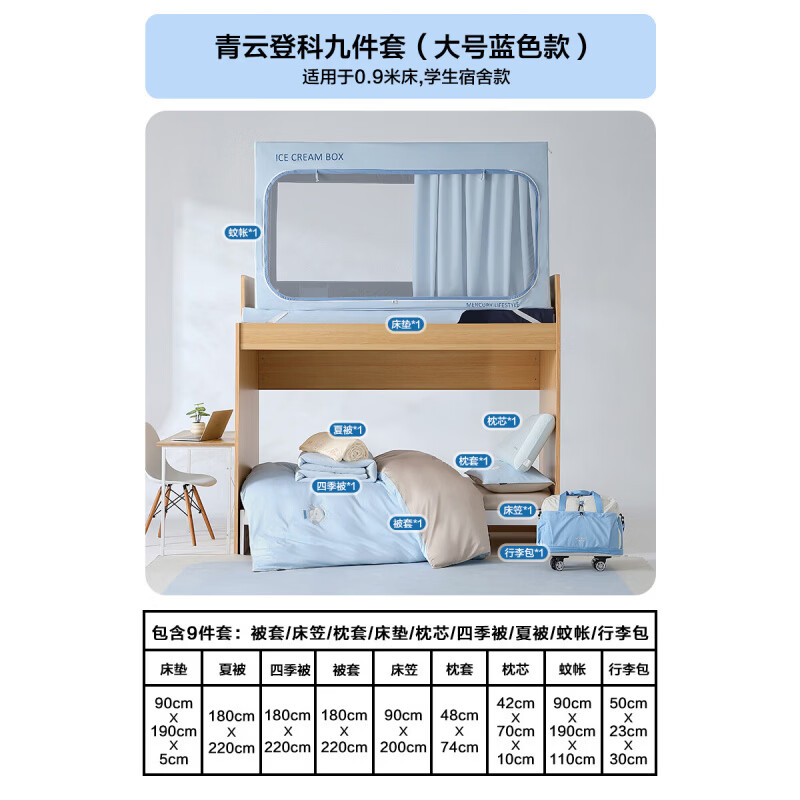 水星家纺学生宿舍床上多件套 床垫枕头被子学生床帘床垫床褥套组 九件【枕芯床垫+三件套+被芯+行李包+蚊帐】大号蓝 床笠款 适合0.9米床  【学生宿舍】