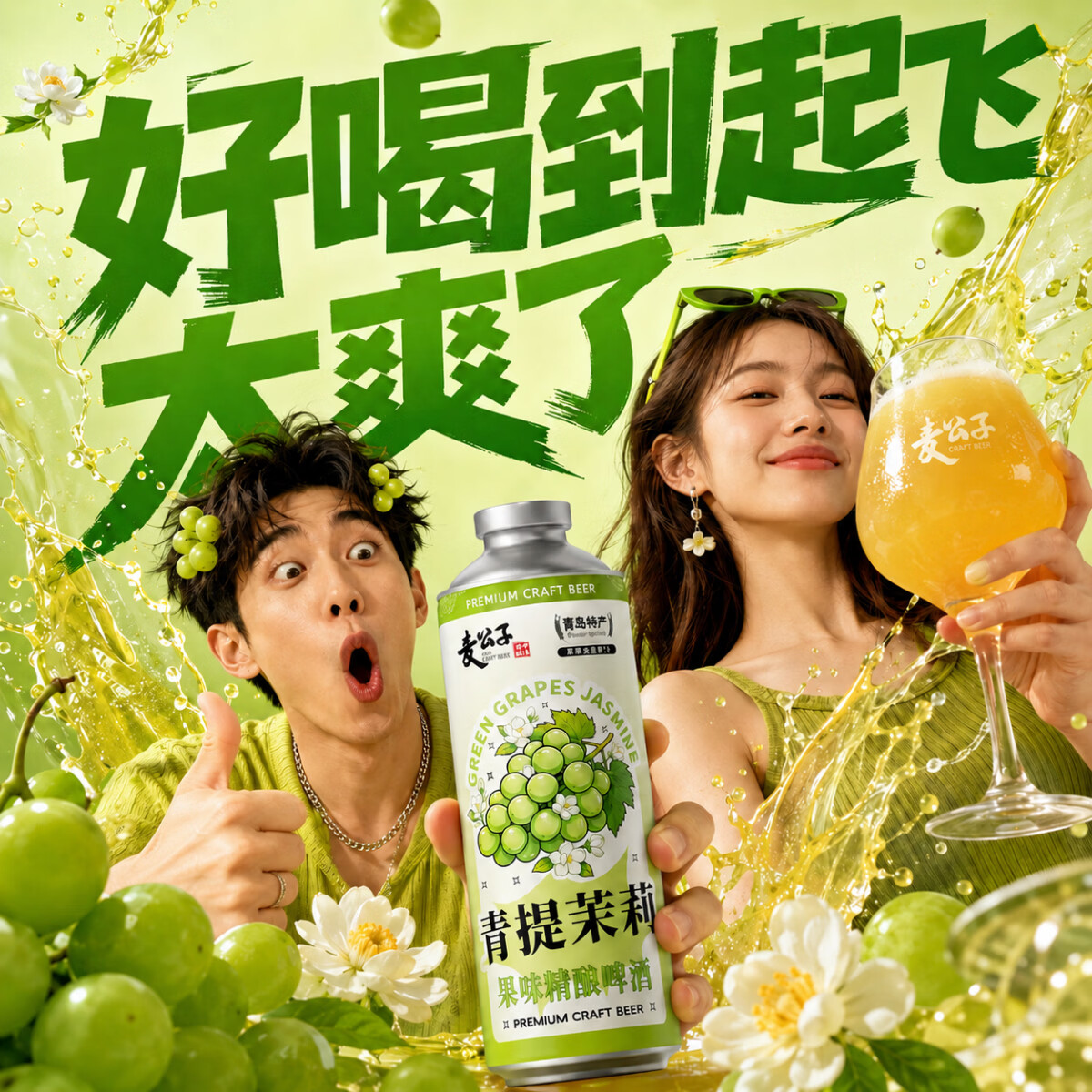 麦公子 青岛特产原浆啤酒黄啤白啤1L大桶装高浓度果啤精酿啤酒礼盒全麦 麦公子系列 青提茉莉 果味精酿 1L 6桶 礼盒装