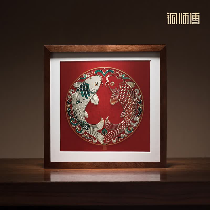 铜师傅手工錾刻 铜雕画 双鱼呈祥（桌面）书房办公室装饰画