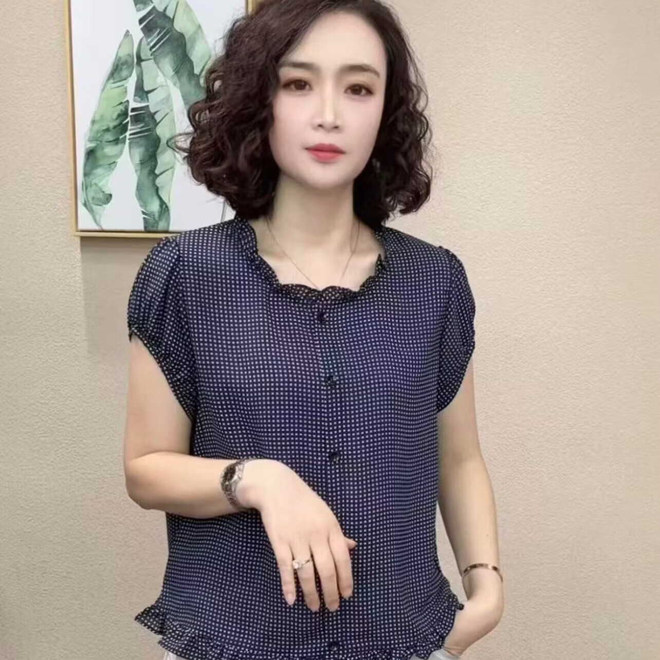 【爆款轻奢】2026夏季时尚简约百搭女士短袖格子衬衫木耳边上衣T 藏青色 3XL 【建议130-140斤】