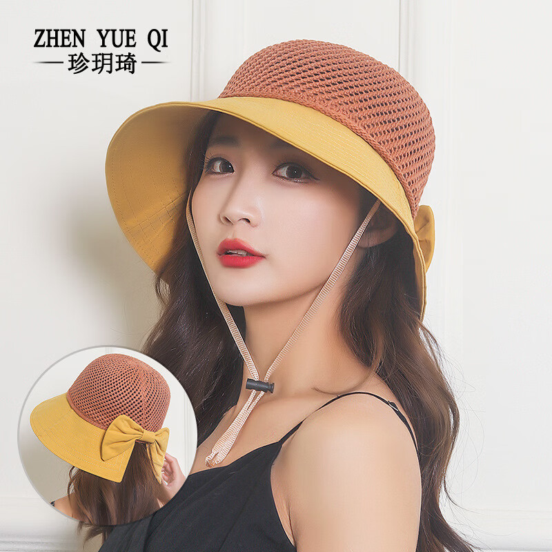珍玥琦(ZHENYUEQI)新款夏季女士镂空防晒渔夫帽蝴蝶结防风绳 黑色檐 均码