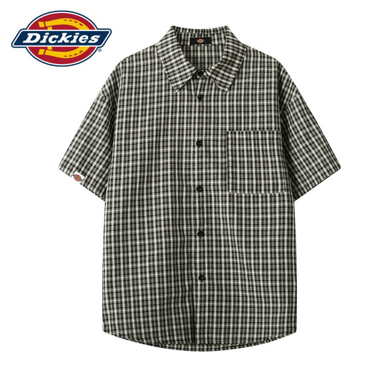 Dickies美式复古休闲短袖衬衫男士2026夏季新款宽松舒适百搭潮牌上衣服装 黑格 M 推荐95-110斤