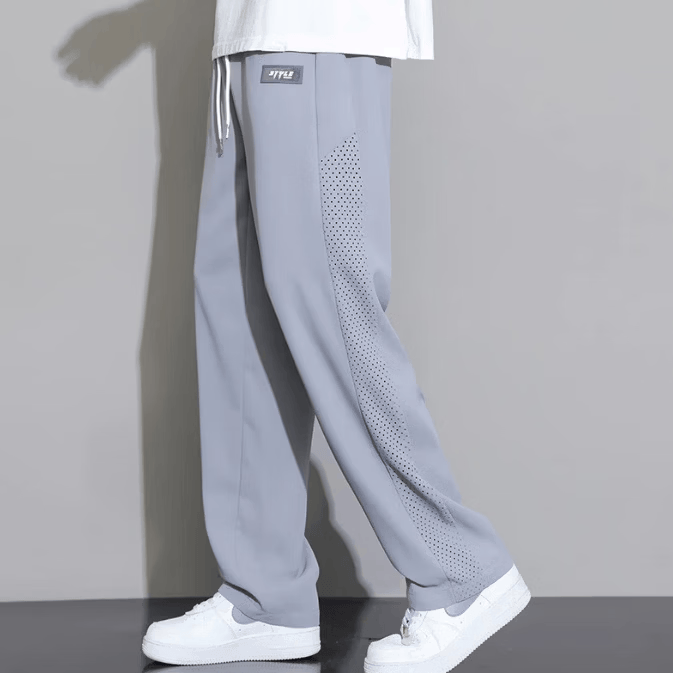 MDODC男士简约耐磨透气眼孔休闲裤米白色宽松休闲舒适网眼运动长裤 黑色 5XL