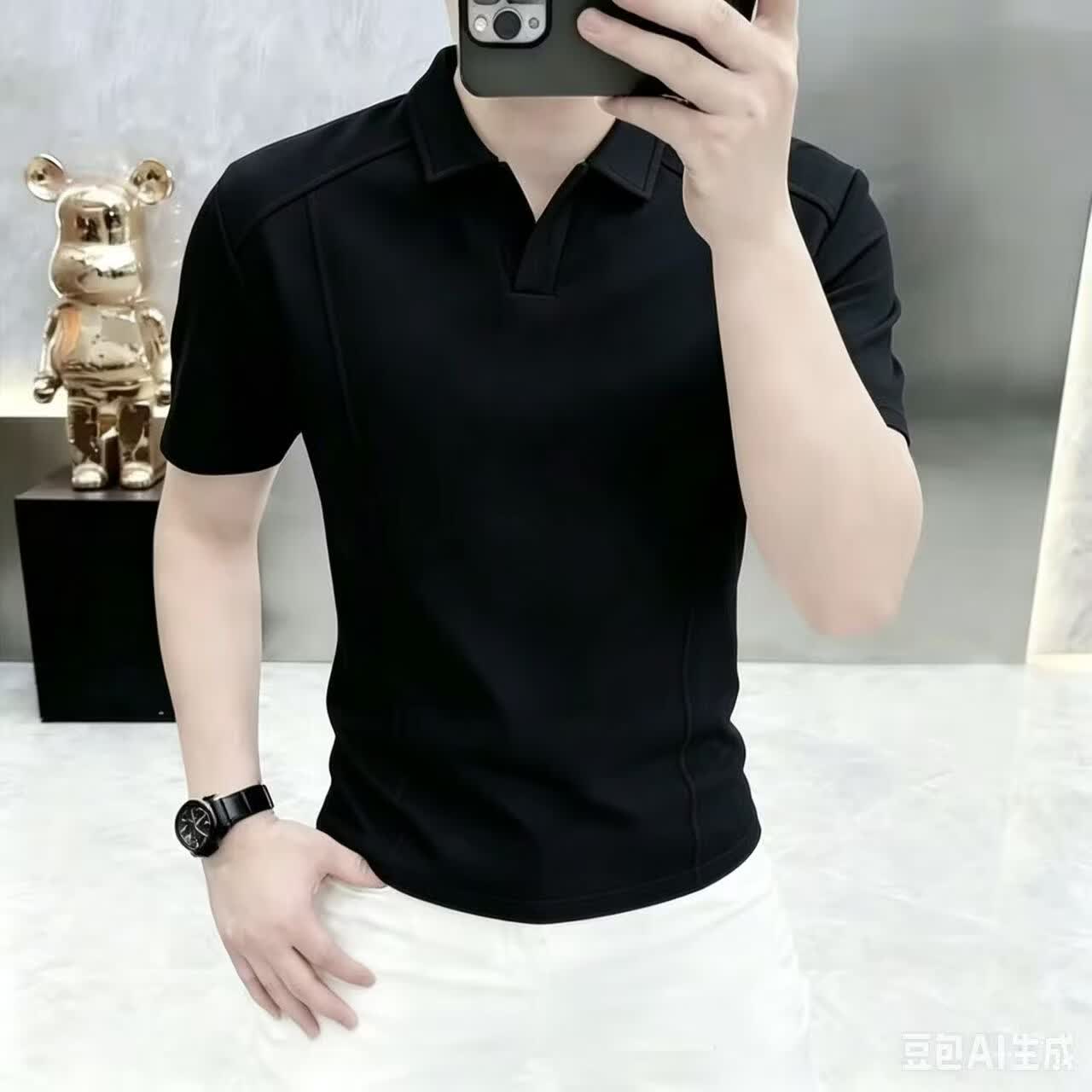 【专柜品质】男士翻领夏季潮流轻奢商务休闲T恤V领纯色polo衫yzj 黑色 XL 【建议130-145斤】