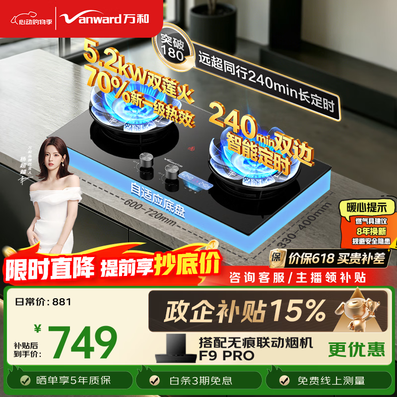 万和【蓝莲花B9DS】5.2kW天然气猛火70%热效率双边定时以旧换新嵌入式家用煤气双炉具双灶台灶具燃气灶