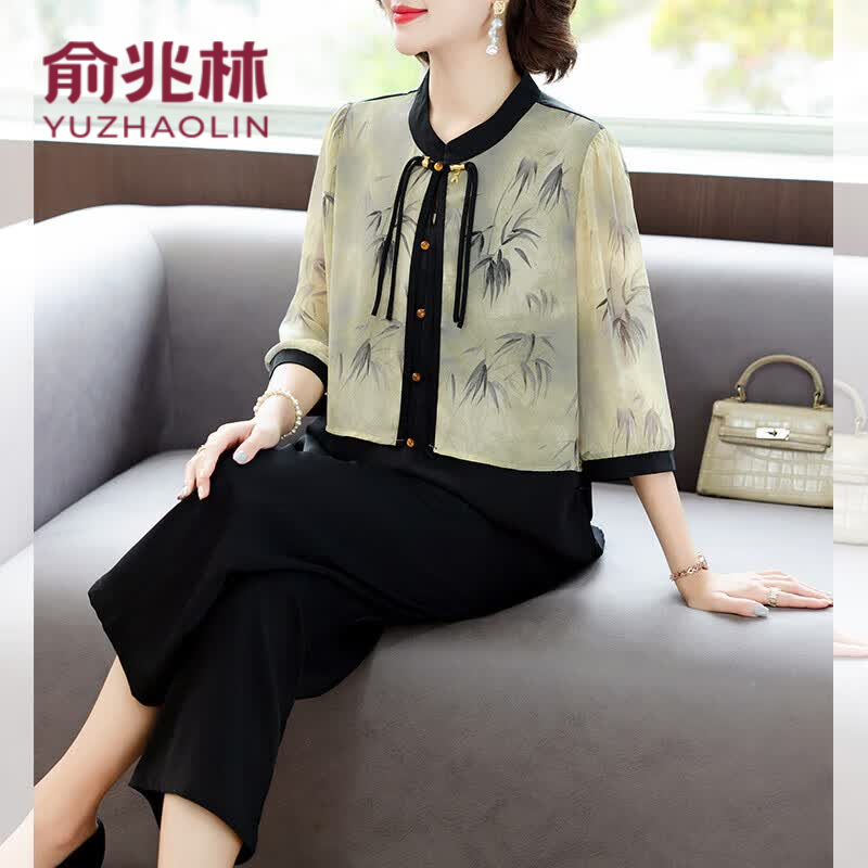 俞兆林母亲节妈妈夏装中袖上衣中年女装洋气新中式新款时尚休闲两件套 黑色套装 2XL (推荐105-120斤)