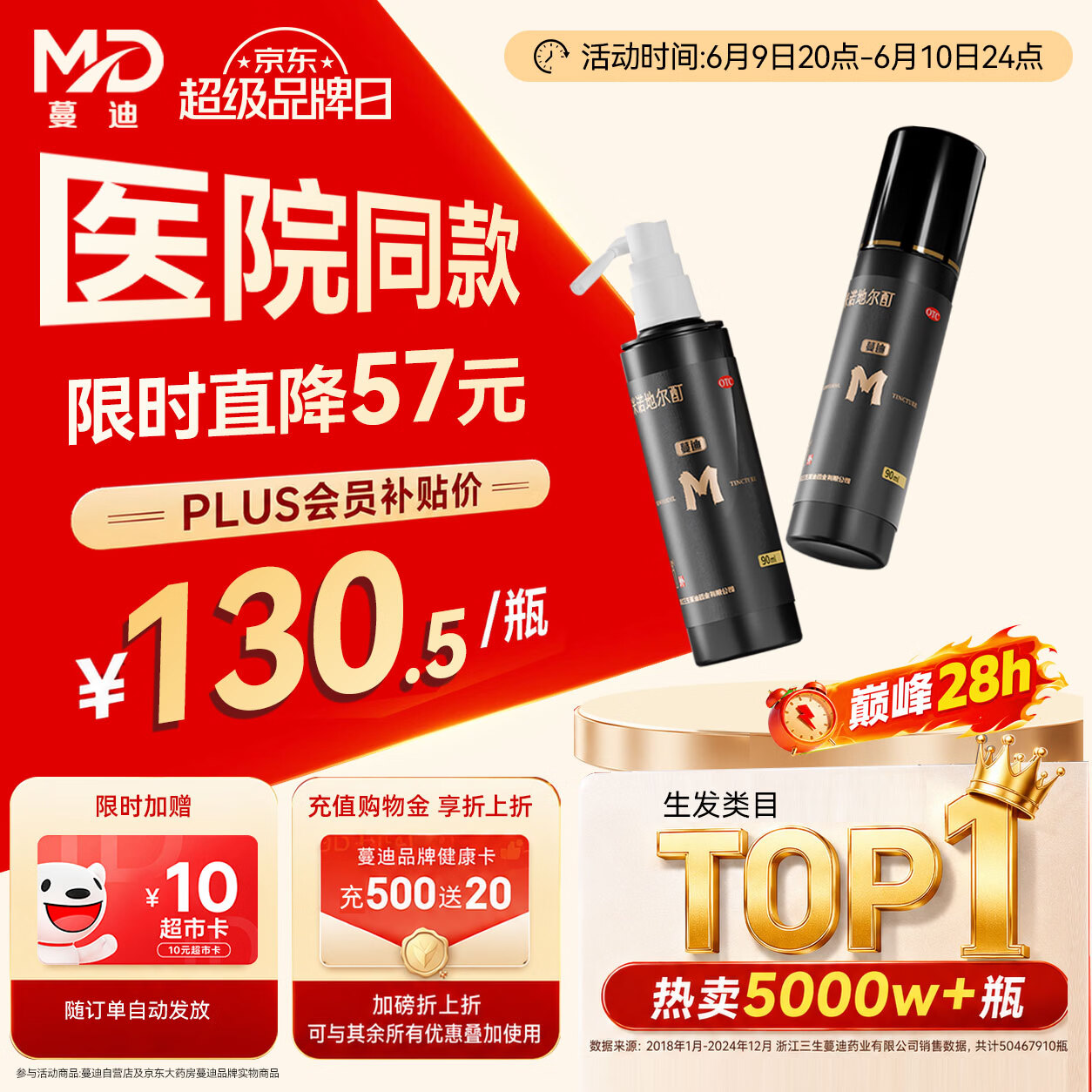 蔓迪生发喷雾5%米诺地尔酊90ml*2瓶男士专用治脱发育发斑秃原液搽剂曼迪京东自营米洛地尔生发剂