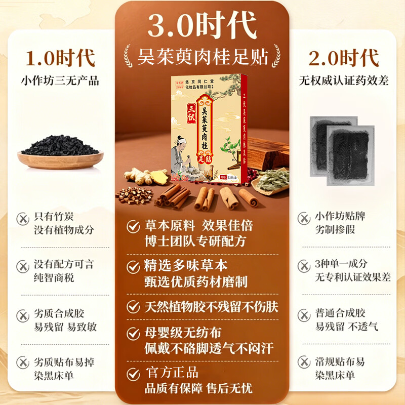 同仁堂（TRT）三伏吴茱萸肉桂足贴艾草生姜养生通三焦引火下行睡眠足底贴 【买2送1】三伏吴茱萸肉桂足贴32贴*3