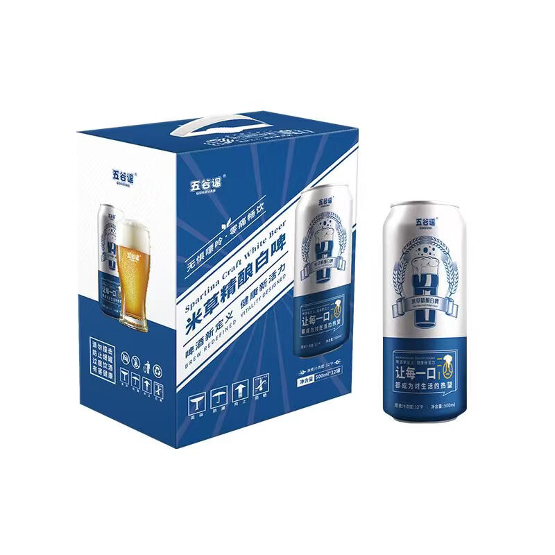 五谷谣精酿全麦芽白啤互花米草萃取液+益生菌专利配方 清爽无负担啤酒 500mL 24罐 整箱装 买一送一到手两箱共计24瓶