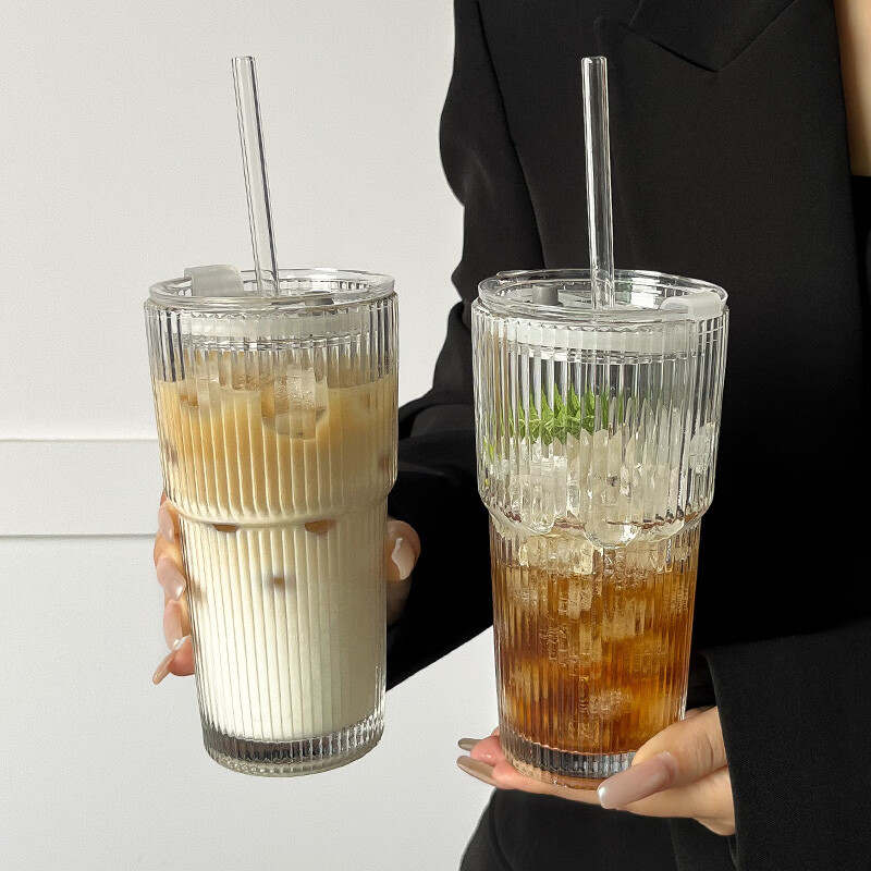 溥畔风大容量带盖带吸管竖条纹玻璃杯高颜值冷饮杯果汁咖啡杯水杯 竖条纹玻璃杯+600ml[两只装]