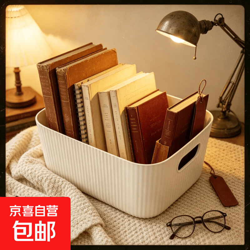 文教文化用品奶油风大容量收纳带把手竖纹设计可叠加摆放桌面衣柜杂物整理 奶油风收纳盒【1个】