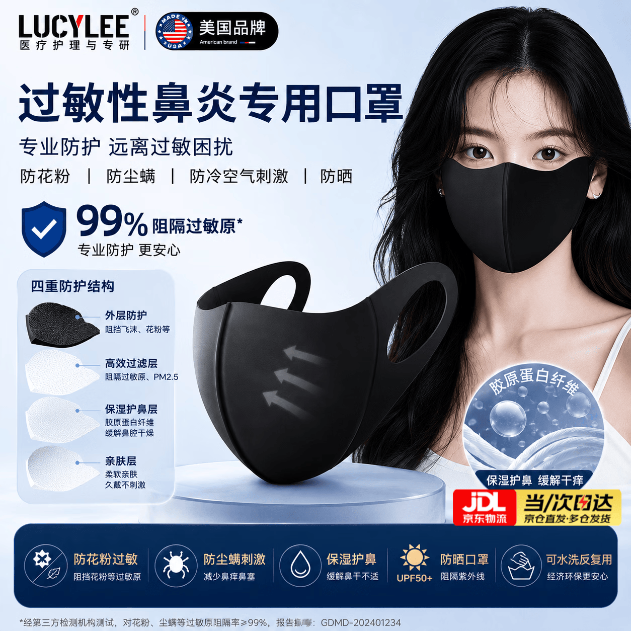LUCYLEE美国过敏性鼻炎专用口罩防晒防花粉尘紫外线高颜值男女士舒适透气 2只装【暗黑色】独立包装-鼻子舒服不敏感