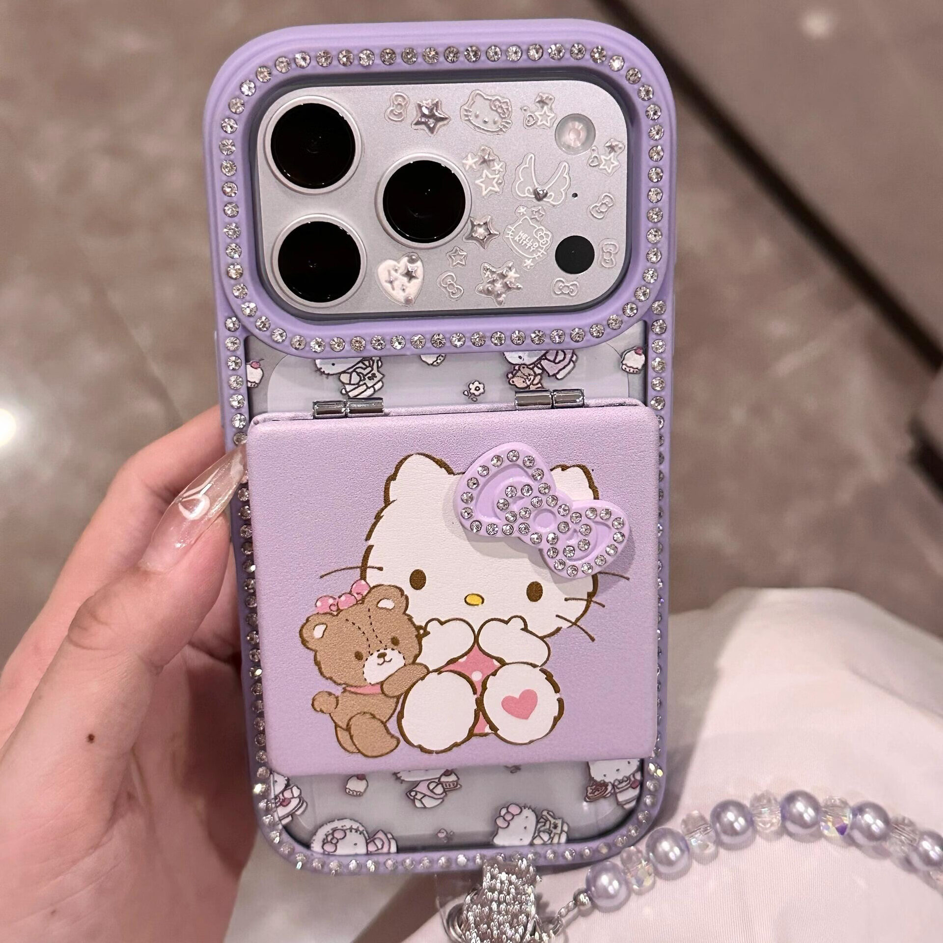 适用苹果17promax手机壳iphone15pro立体水钻蝴蝶结kitty镜子16pro可爱卡通16网红女款超好看外壳 透粉单壳+镜子+手链 iphone 17 Pro Max