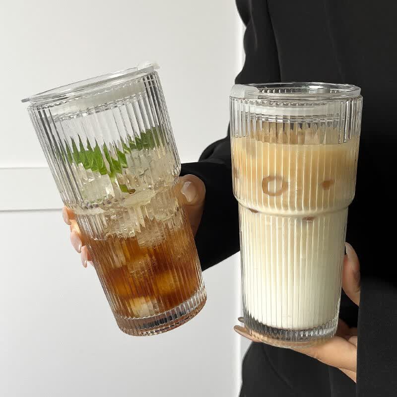 溥畔风大容量带盖带吸管竖条纹玻璃杯高颜值冷饮杯果汁咖啡杯水杯 竖条纹玻璃杯+600ml[两只装]