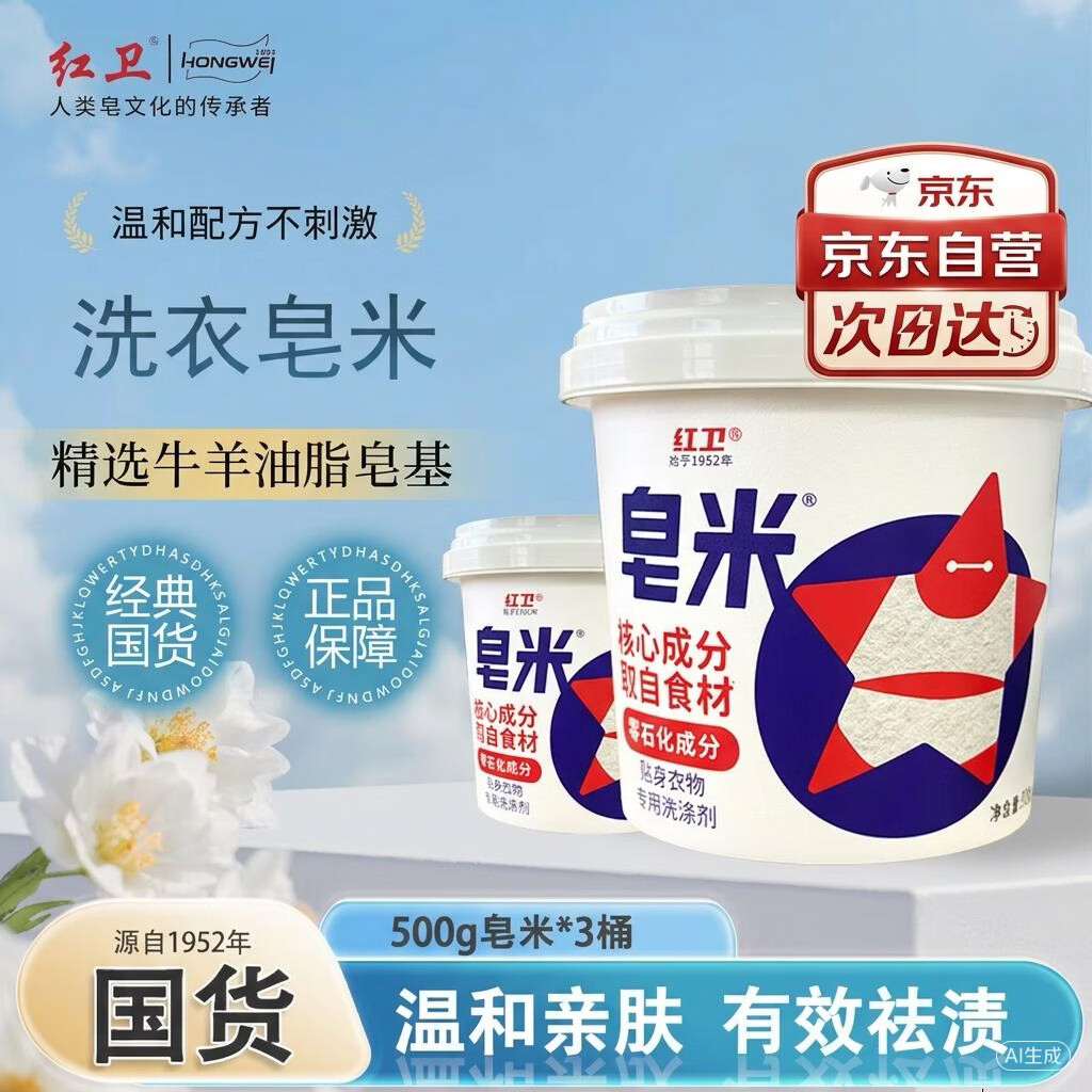 红卫羊脂皂米洗衣粉500g*3桶 99元 - 线报酷