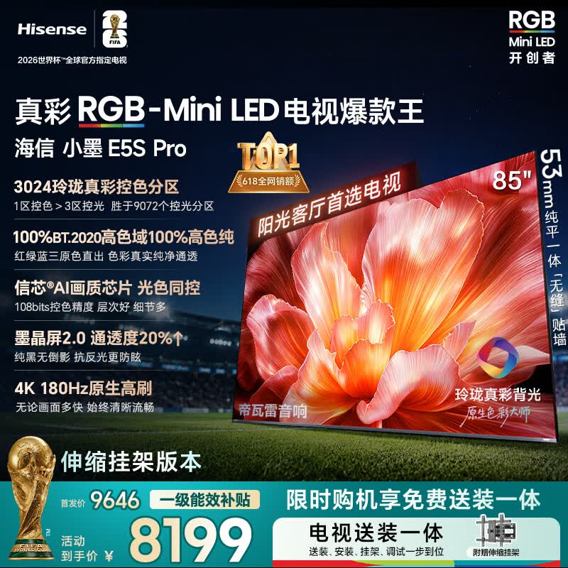 海信RGB-MiniLED电视小墨E5S Pro 85吋【送装一体-伸缩挂架】3024分区玲珑真彩背光 信芯 抗反防眩