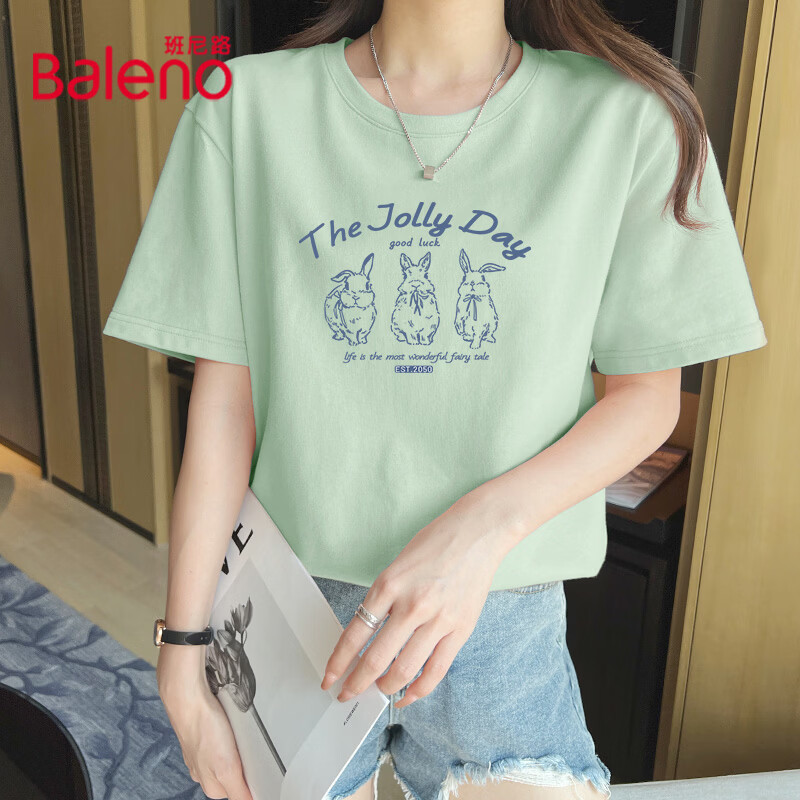 班尼路（Baleno）100%纯棉短袖T恤女2026年夏季女装新款潮流时尚休闲简约百搭上衣 水绿#BL三只C小兔 M