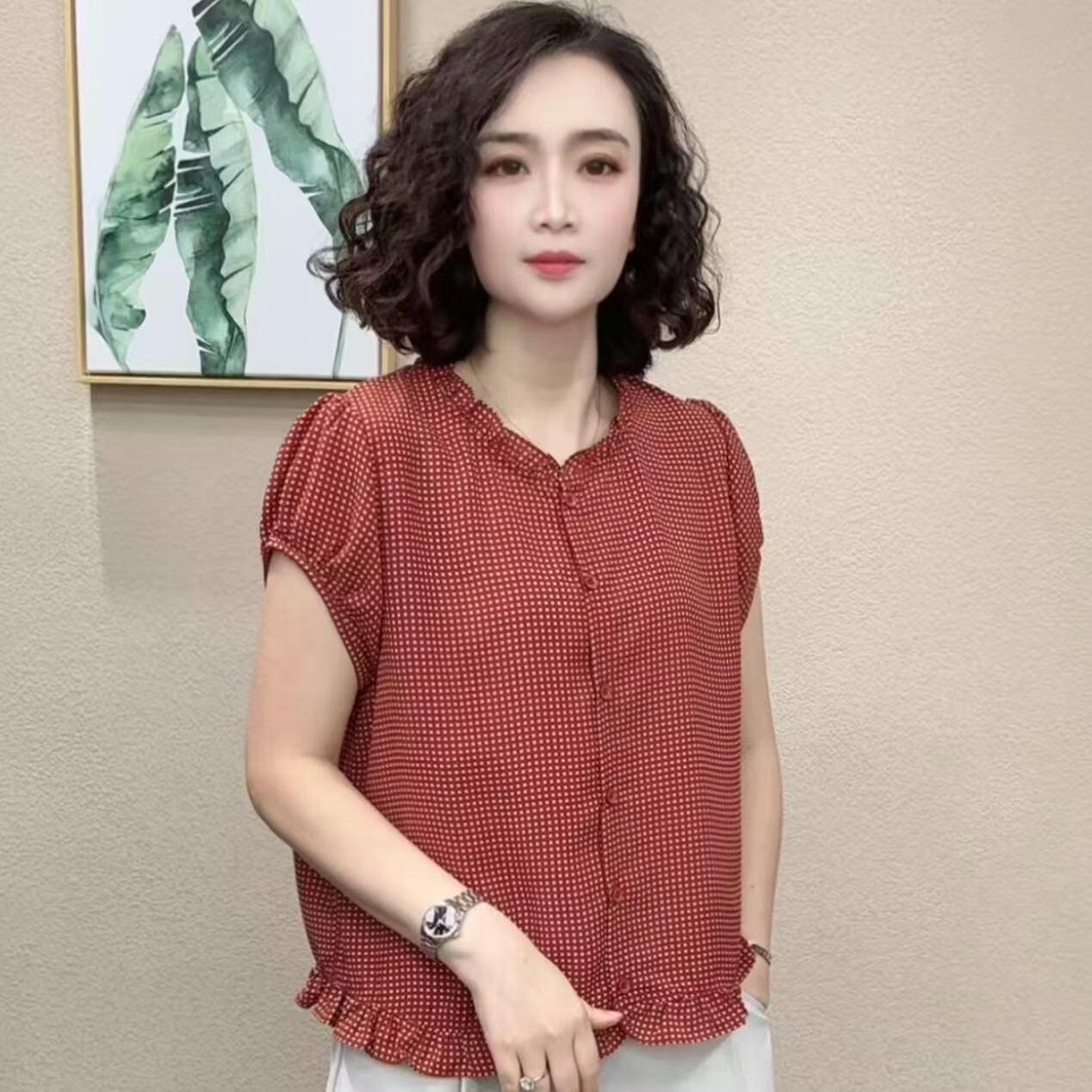 【爆款轻奢】2026夏季时尚简约百搭女士短袖格子衬衫木耳边上衣T 红色 2XL 【建议120-130斤】