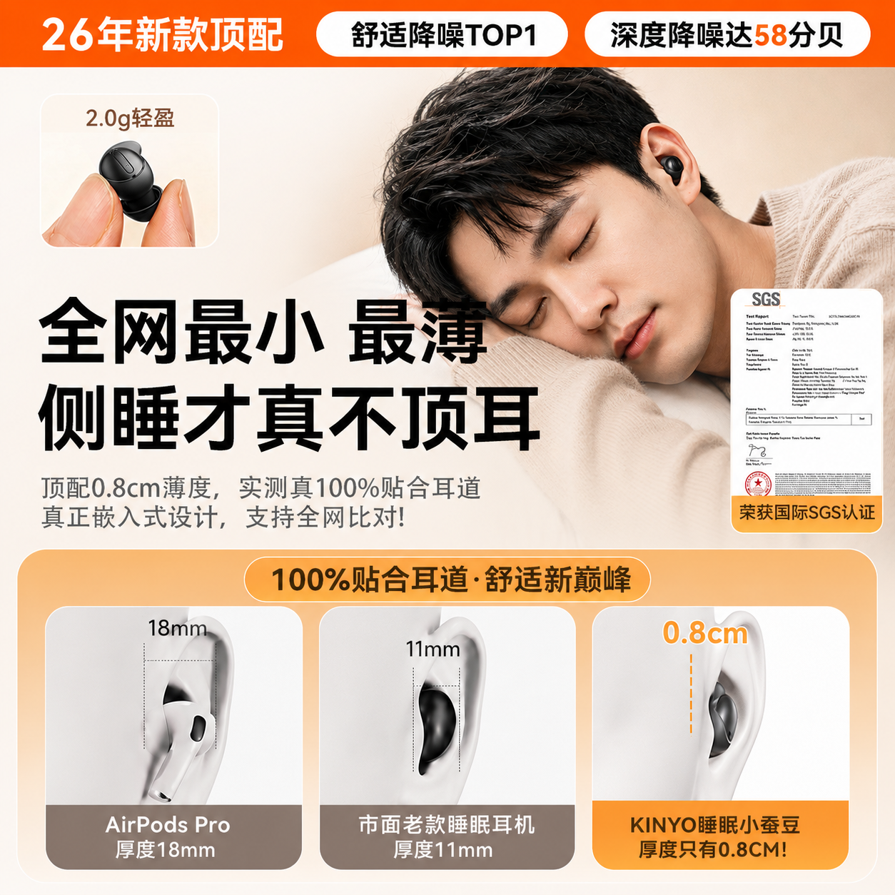 金运【降噪新高度】26年新款睡眠蓝牙耳机助眠防噪音耳塞睡觉睡眠专用主动降噪无线侧睡无痛不压耳 【首款睡眠协会丨医师推荐】助眠神器-深空黑 索尼主动降噪丨适配华为苹果安卓