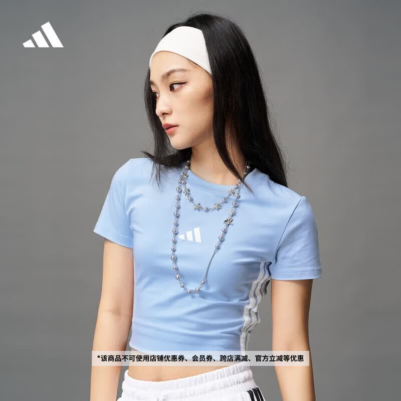 adidas短款休闲修身百搭三条纹圆领短袖T恤女新款阿迪达斯轻运动   亮光蓝/白   M