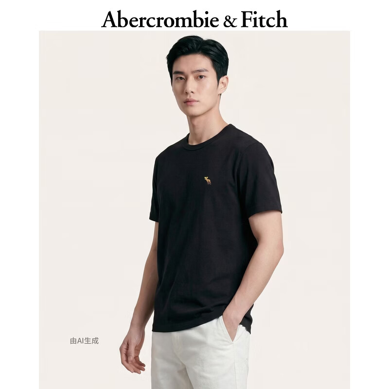 Abercrombie &amp; Fitch经典小麋鹿图案情侣柔软纯棉短袖T恤上衣26春夏男装124-6014 黑色 M (180/100A)