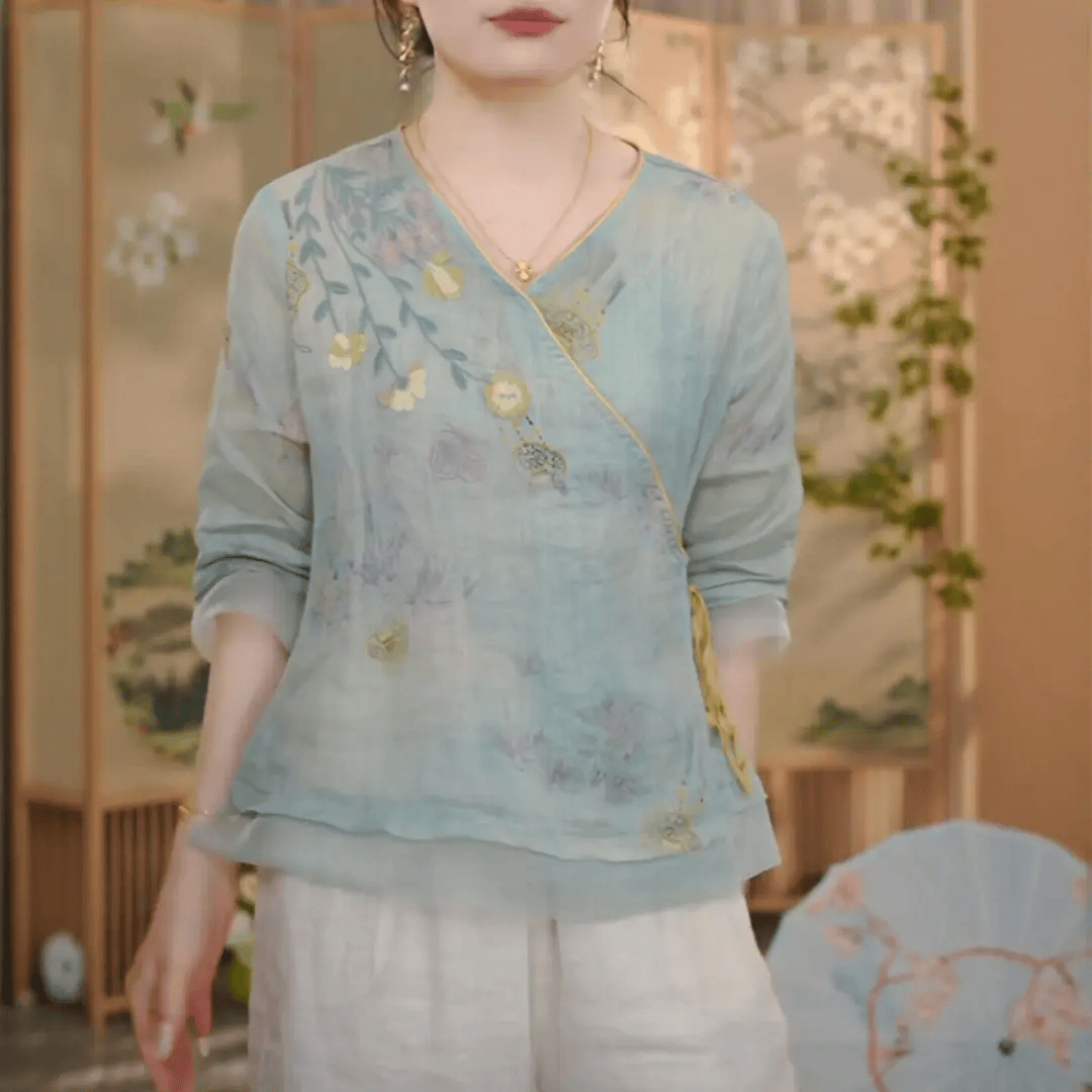 国风衬衫女夏季新中式2026年显瘦百搭Q时尚减龄气质上衣休闲宽松 天青色 2XL (建议110-125斤)