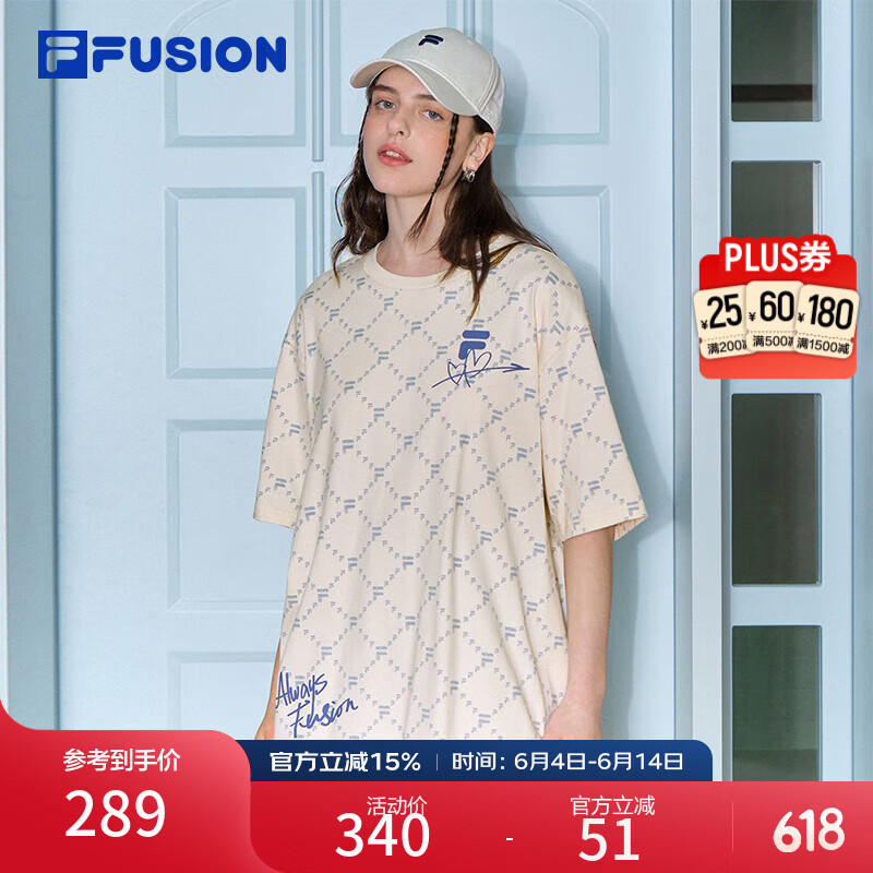 斐乐 FUSION斐乐潮牌情侣款针织短袖衫2025春新款休闲宽松纯棉T恤
 麦乳色-BG M （170/92A/M）