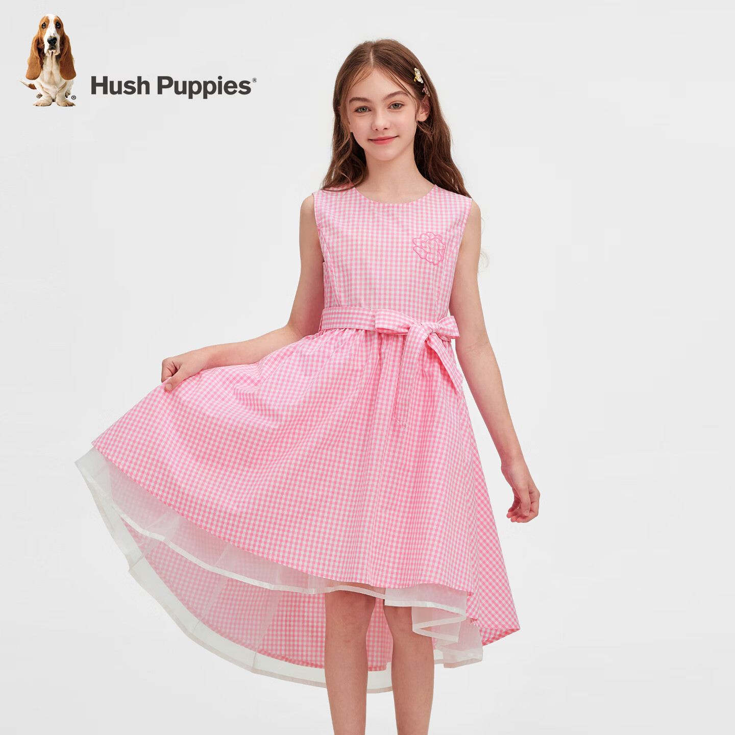 暇步士(Hush Puppies)童装儿童女童2026春夏新款无袖清新网纱格纹公主裙 草莓冰 130 cm