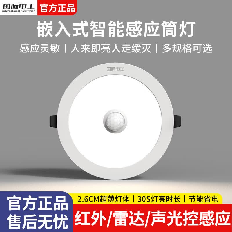 国际电工嵌入式雷达人体感应筒灯走廊过道声控灯LED节能客厅吊顶孔灯射灯  红外人体感应筒灯【2.5寸-5W】 暖白光(3000K)